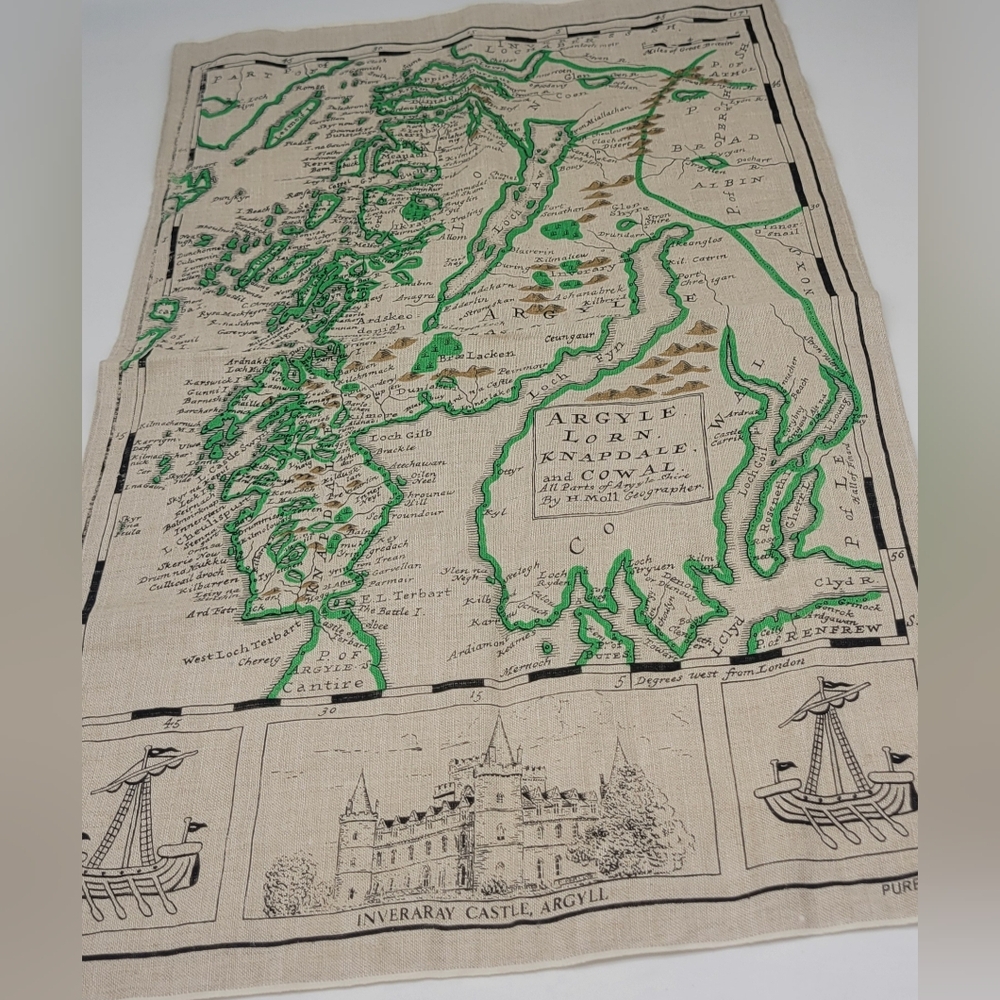 Vintage Linen Tea Towel Scotland Argyle Lorn Knapdale & Cowal Map 30" x 20"
